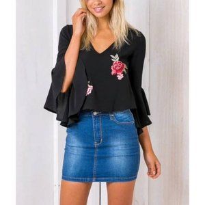 IMPECCABLE PIG Black Boho Rose Cropped Bell Sleeve Blouse SMALL Cut Out Flowy